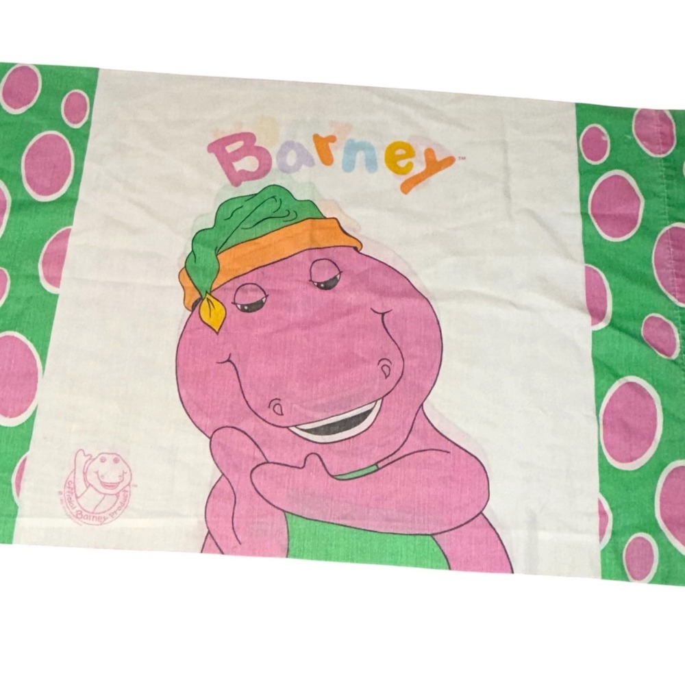 Vintage 1992 Barney the Dinosaur Pillowcase Lyons Group Purple Green Polka Dot